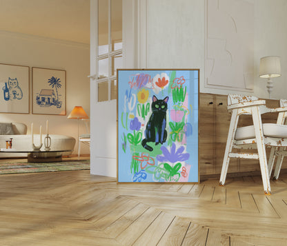 Black Cat in Flower Garden Poster