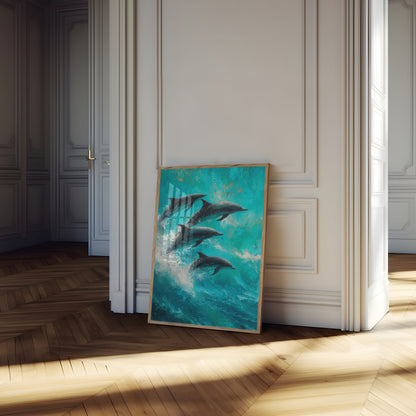 Dolfijnen dansend in oceaangolven poster