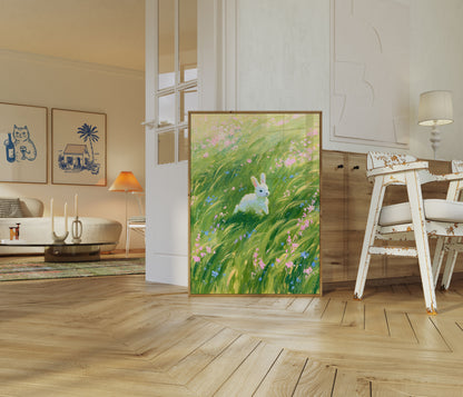 White Rabbit in Wildflower Meadow Poster