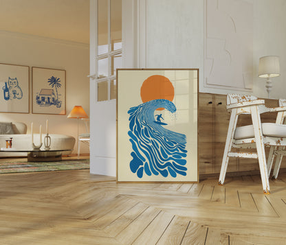 Surfer die op oceaangolf rijdt poster