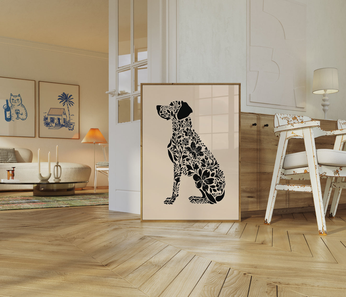 Affiche silhouette de chien à fleurs