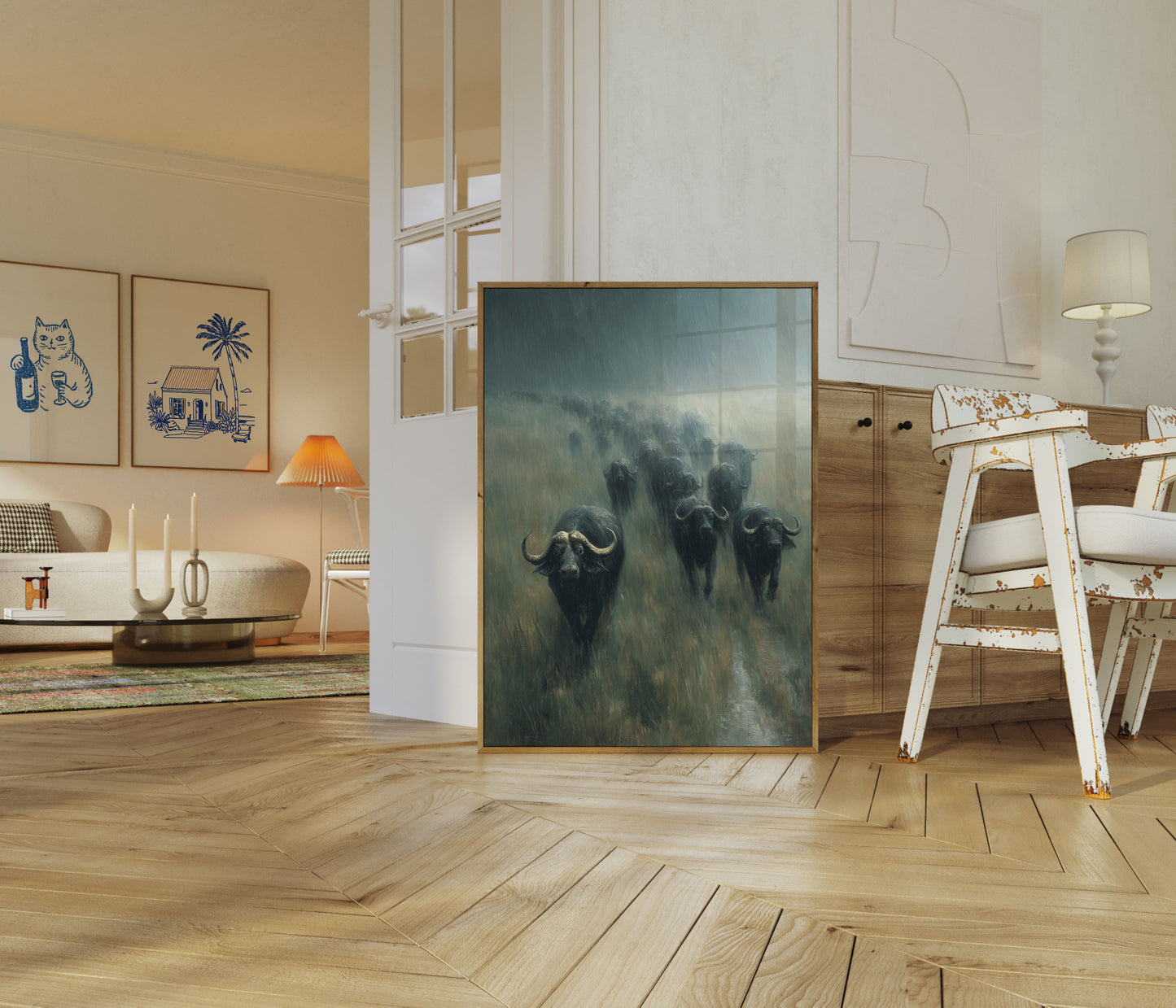 Buffalo Herd in the Rain Poster