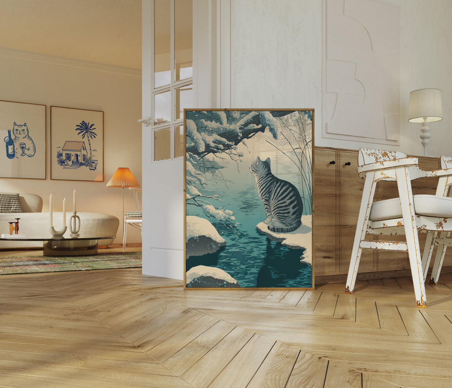 Gestreifter Kater am gefrorenen Bach Plakat