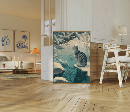 Gestreifter Kater am gefrorenen Bach Plakat