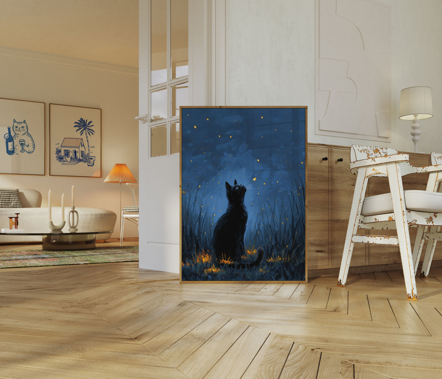 Cat Watching Fireflies Poster