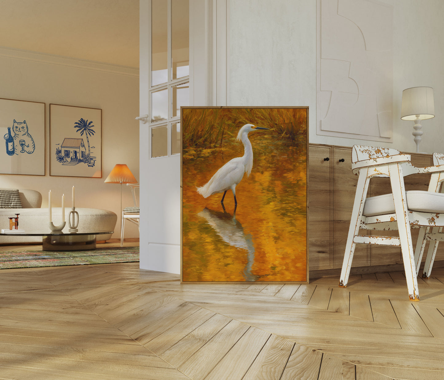White Heron in Golden Waters Poster