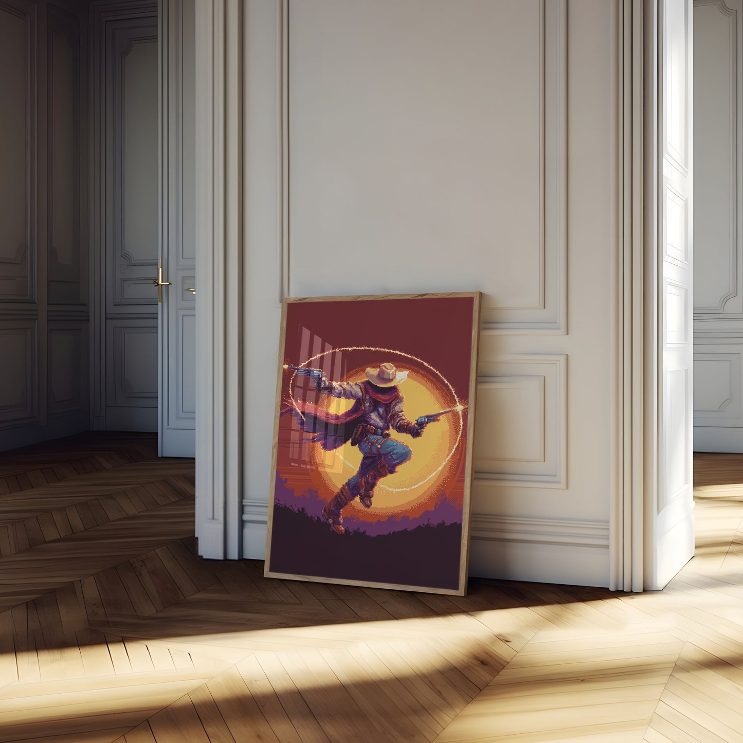 Sonnenuntergangs-Cowboy-Revolverheld Poster