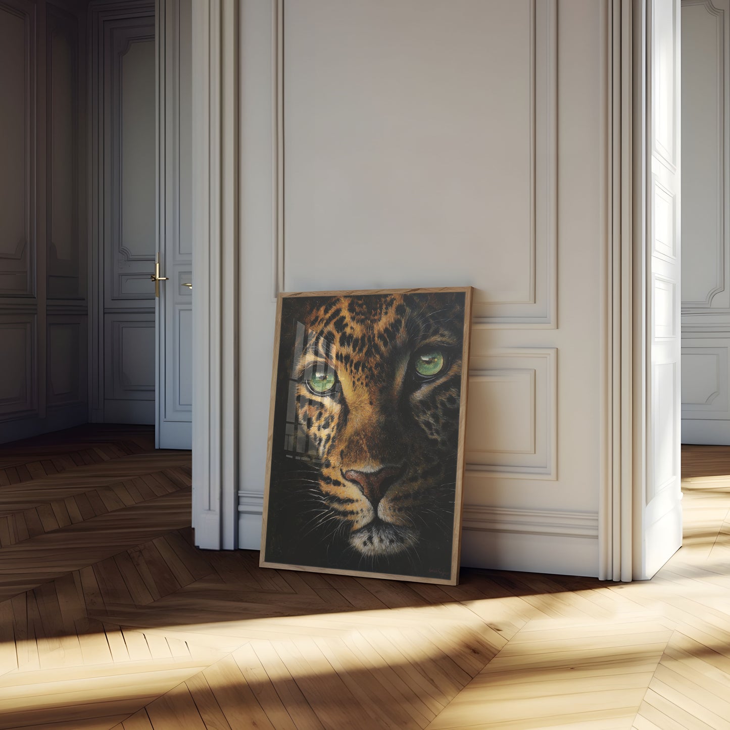 Póster de Leopardo con Ojos Verdes Penetrantes