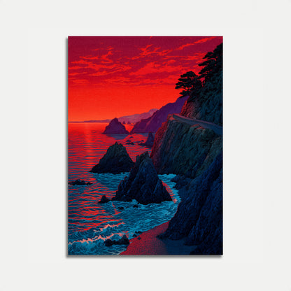 Póster de Acantilados Costeros al Atardecer Carmesí