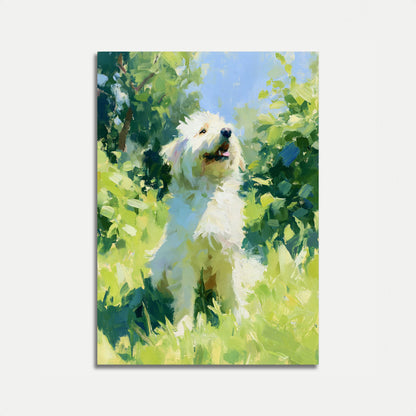 Poster: Weißer Hund im Sommergarten