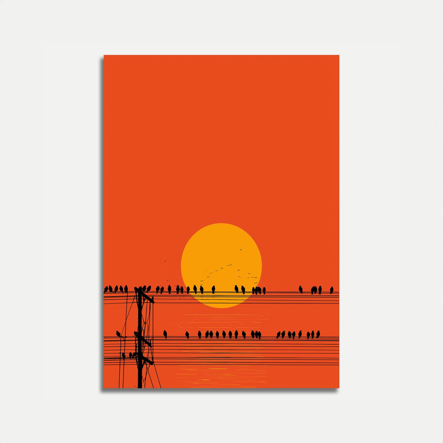 Póster de Pájaros en Cables al Atardecer