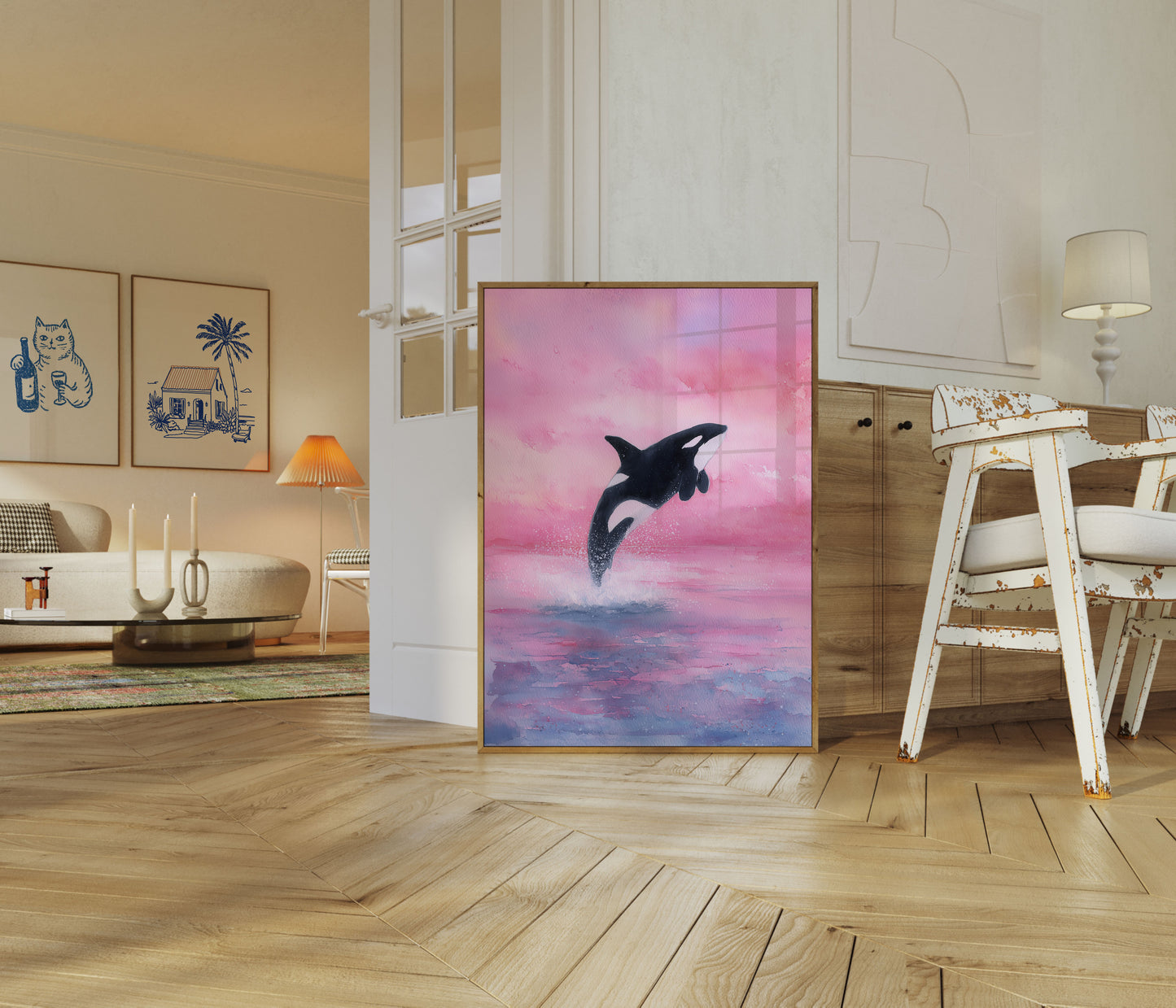 Leaping Orca Pink Sky Poster