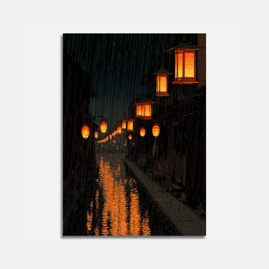 Cartaz de Lanternas de Rua em Noite Chuvosa