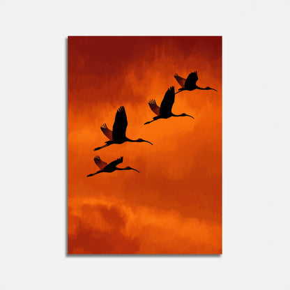 Póster de Grúas Volando al Atardecer