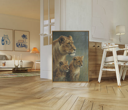 Affiche de Lionne et Lionceaux sous la Pluie