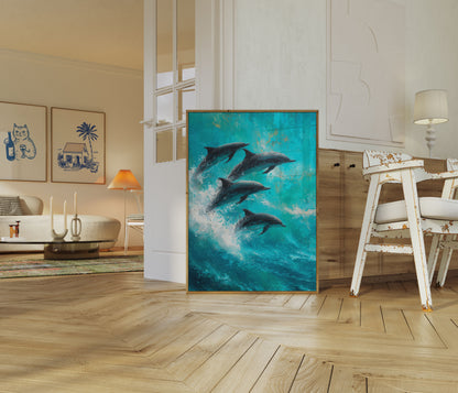 Dolfijnen dansend in oceaangolven poster