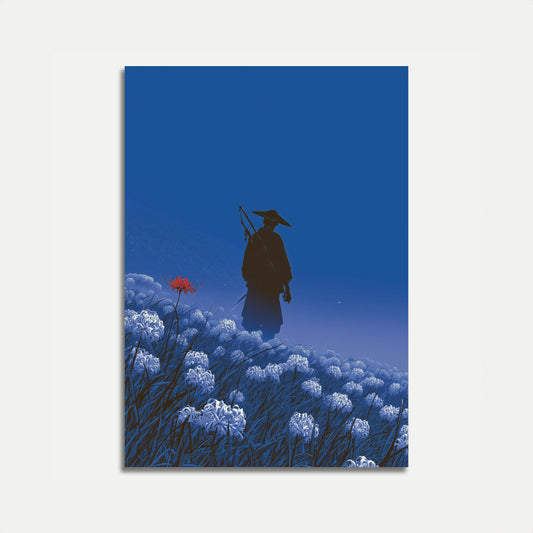 Samurai Silhouette in Moonlit Meadow Poster