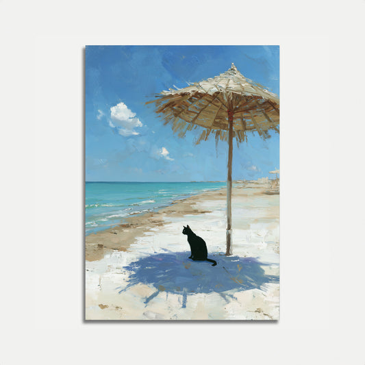 Svart katt strands paraply affisch