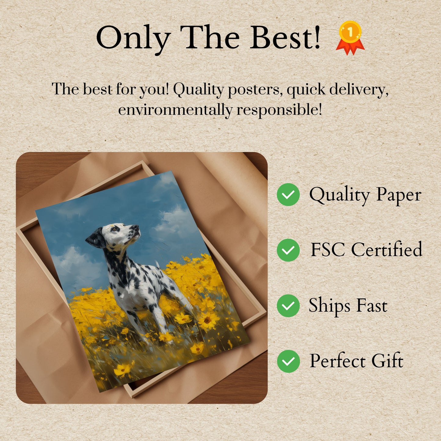 Póster de dálmata en un campo de girasoles