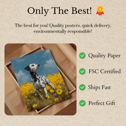 Póster de dálmata en un campo de girasoles