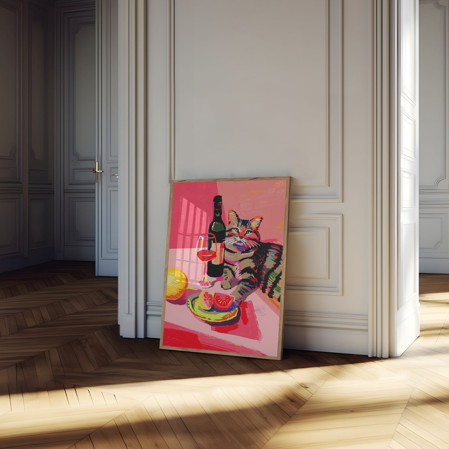 Colorful Cat Wine Night Poster