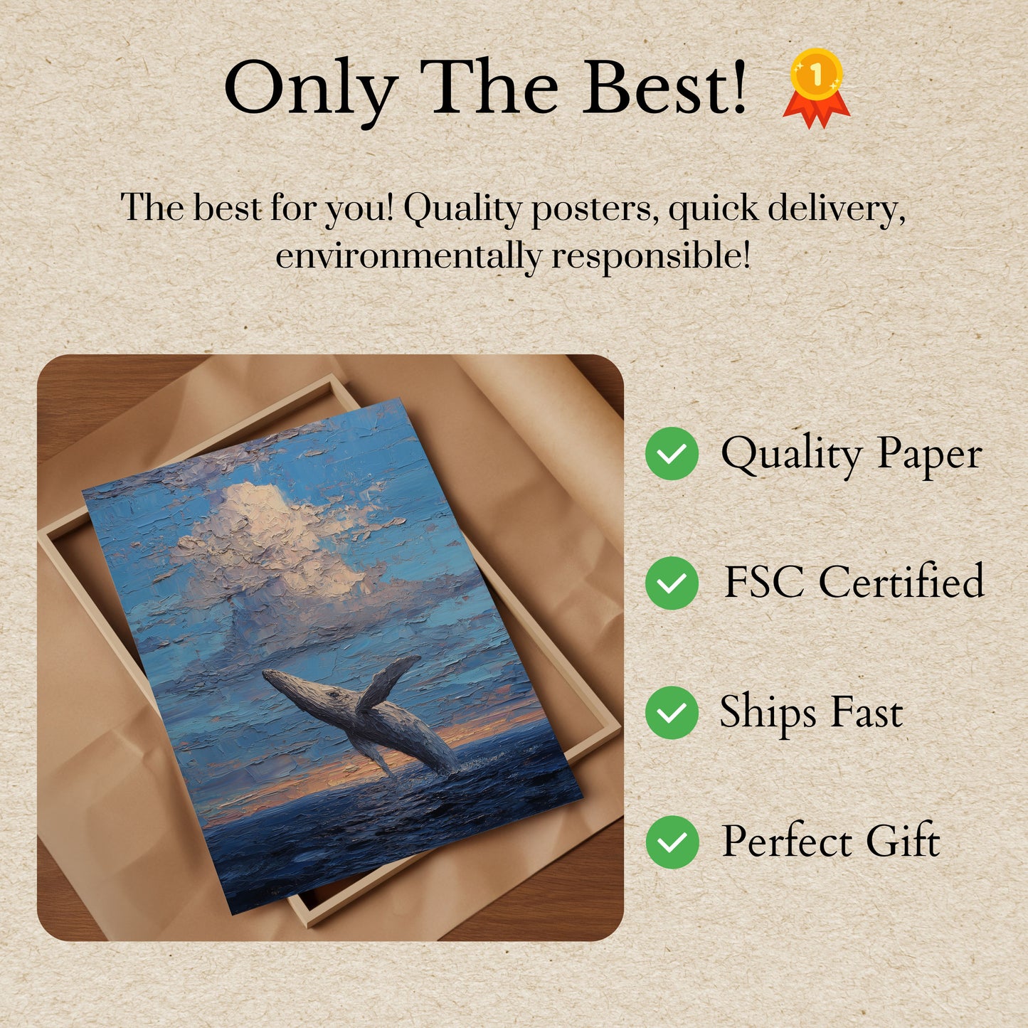 Póster de ballena saltando al atardecer en el océano