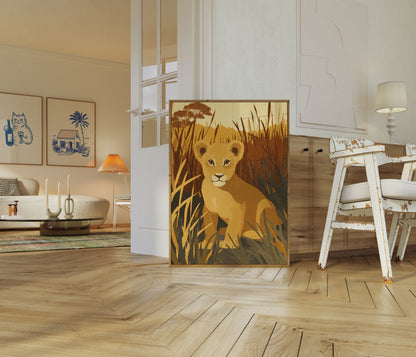 Young Lion Cub in Grassland Poster