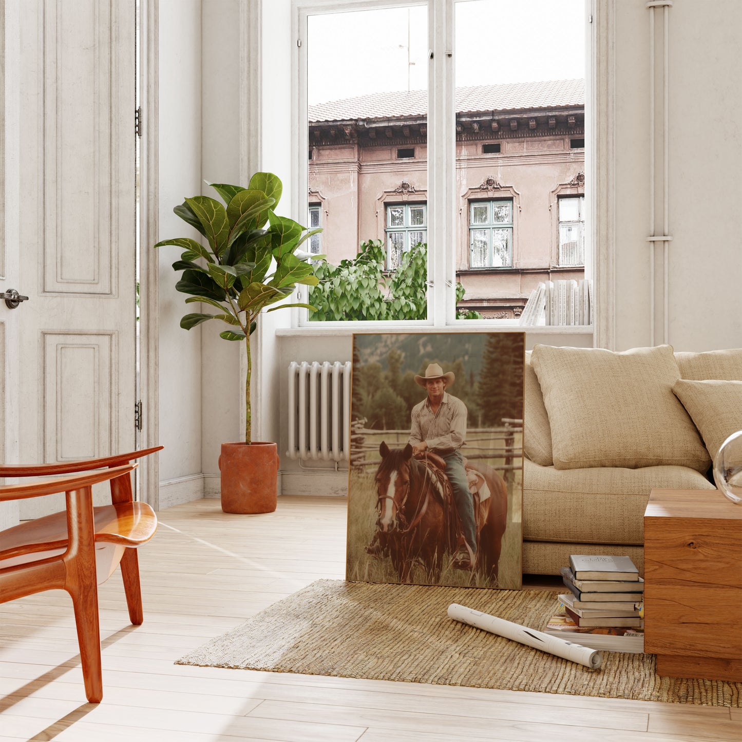 Cowboy on Horseback Mountain Poster