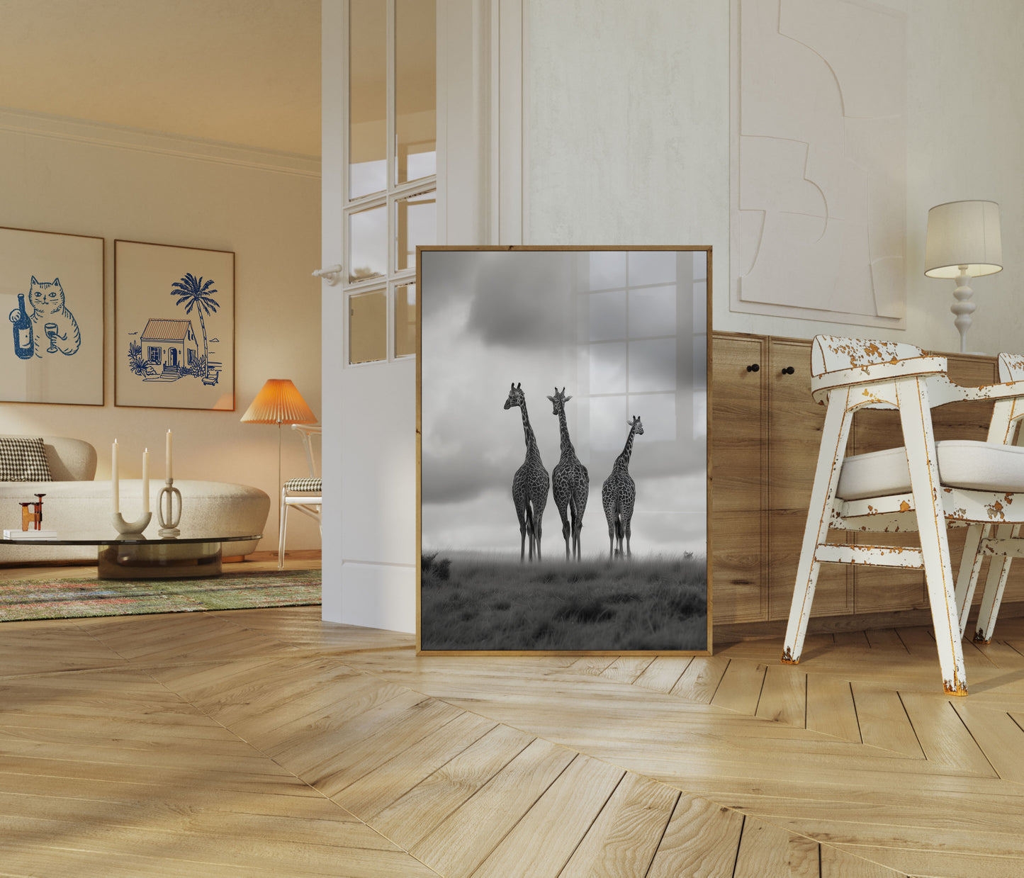 Three Giraffes Black and White Poster