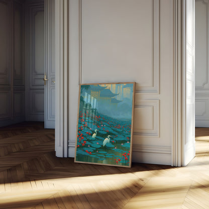 Affiches : Grues dans l'étang aux lotus