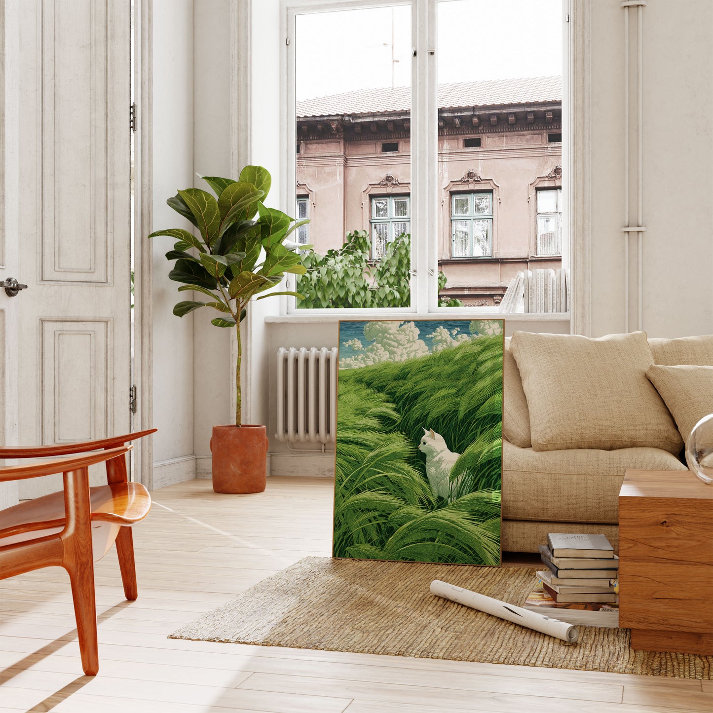 Witte Kat in Grasland Poster
