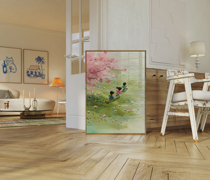 Kinderen spelen onder kersenbloesems poster