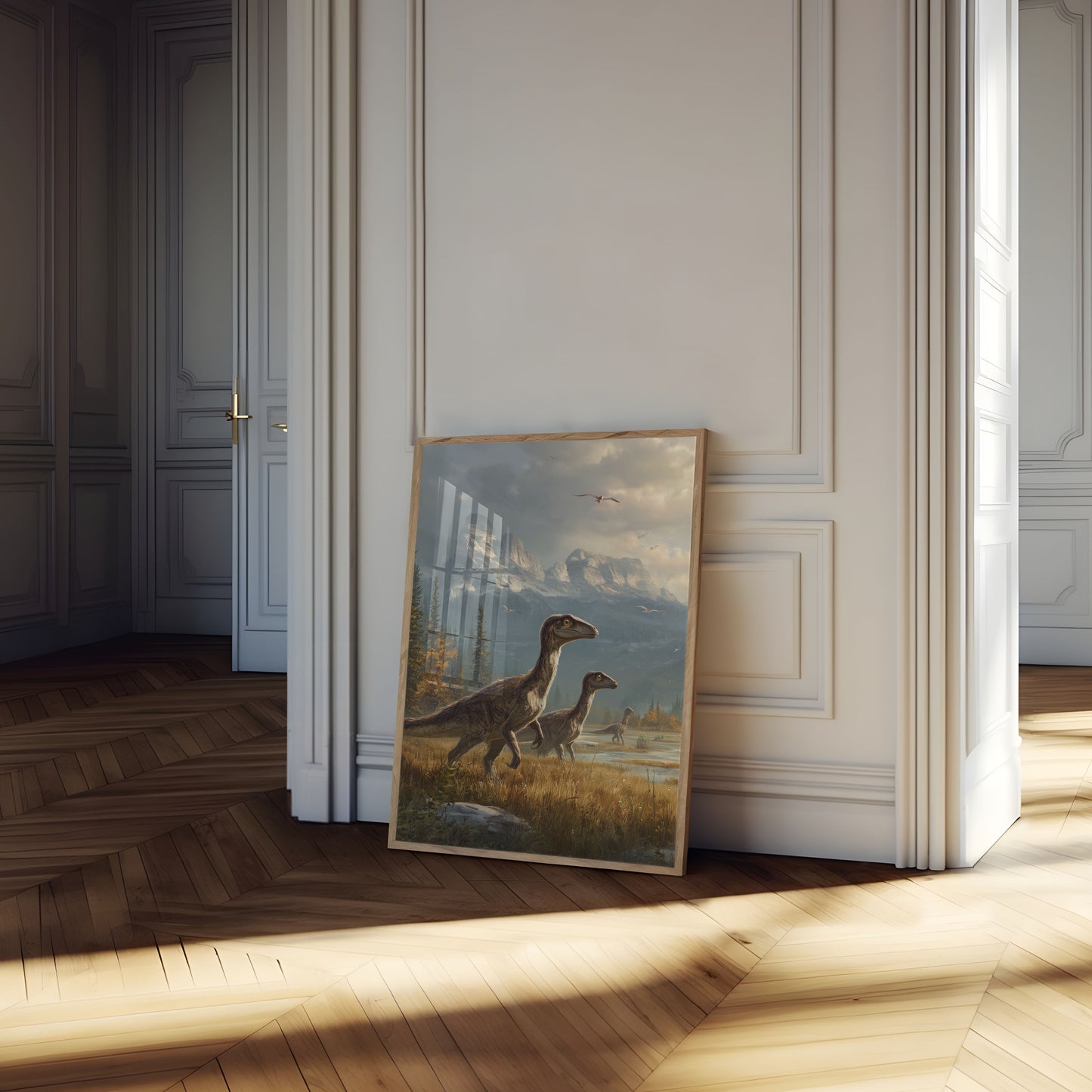 Póster de velociraptor de montaña prehistórico