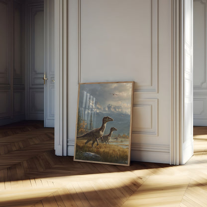 Póster de velociraptor de montaña prehistórico