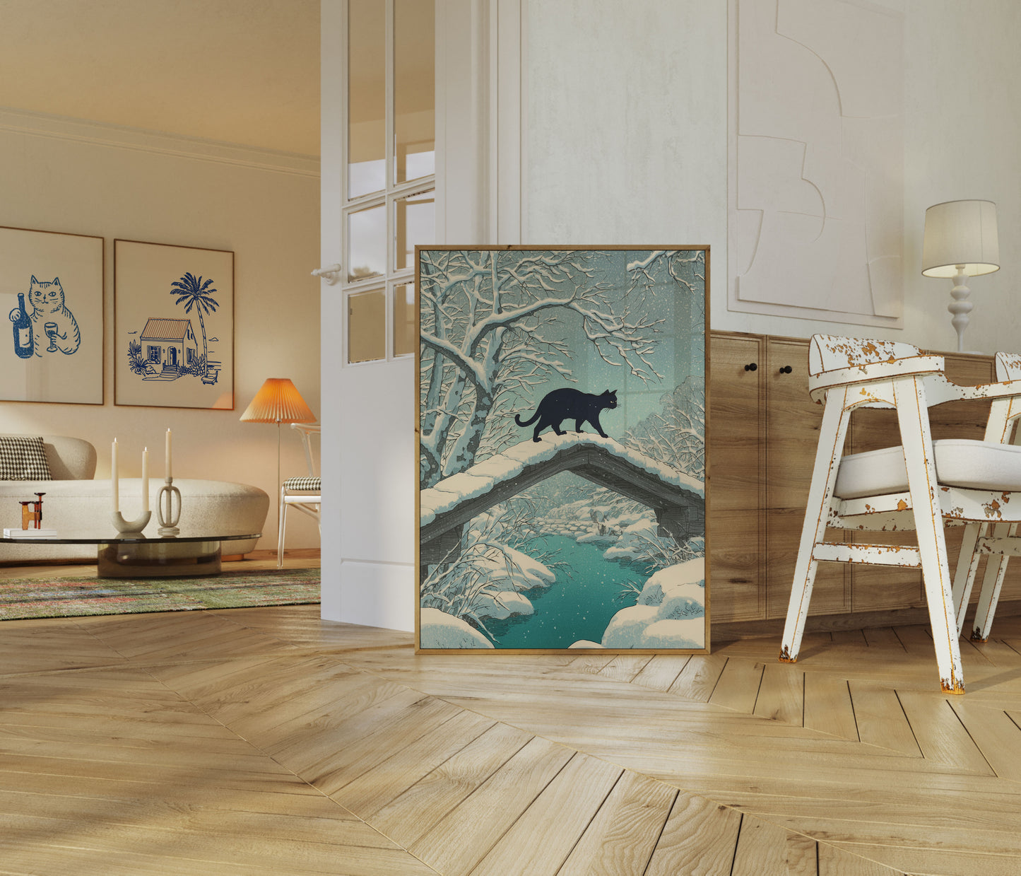 Black Cat Winter Night Poster