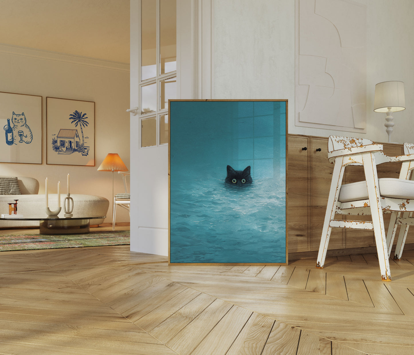 Swimming Black Cat Poster