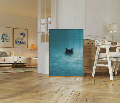 Swimming Black Cat Poster