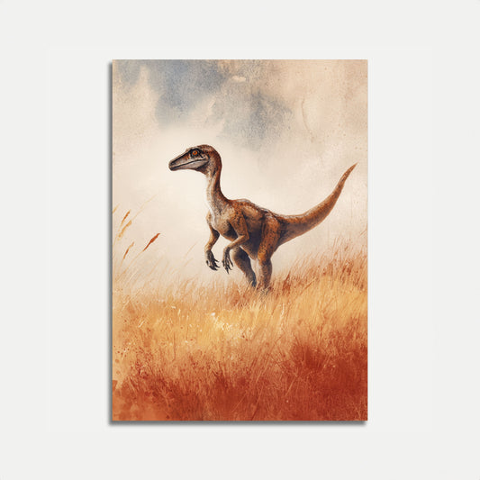 Póster de Velociraptor en hierba dorada