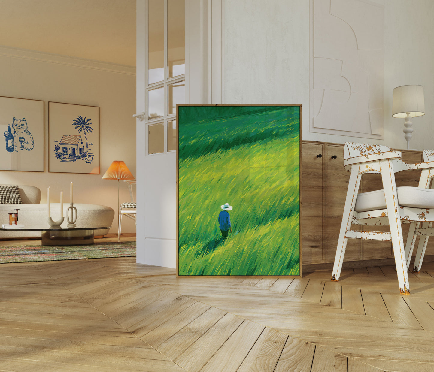 Poster: Contadino che cammina in un campo di grano