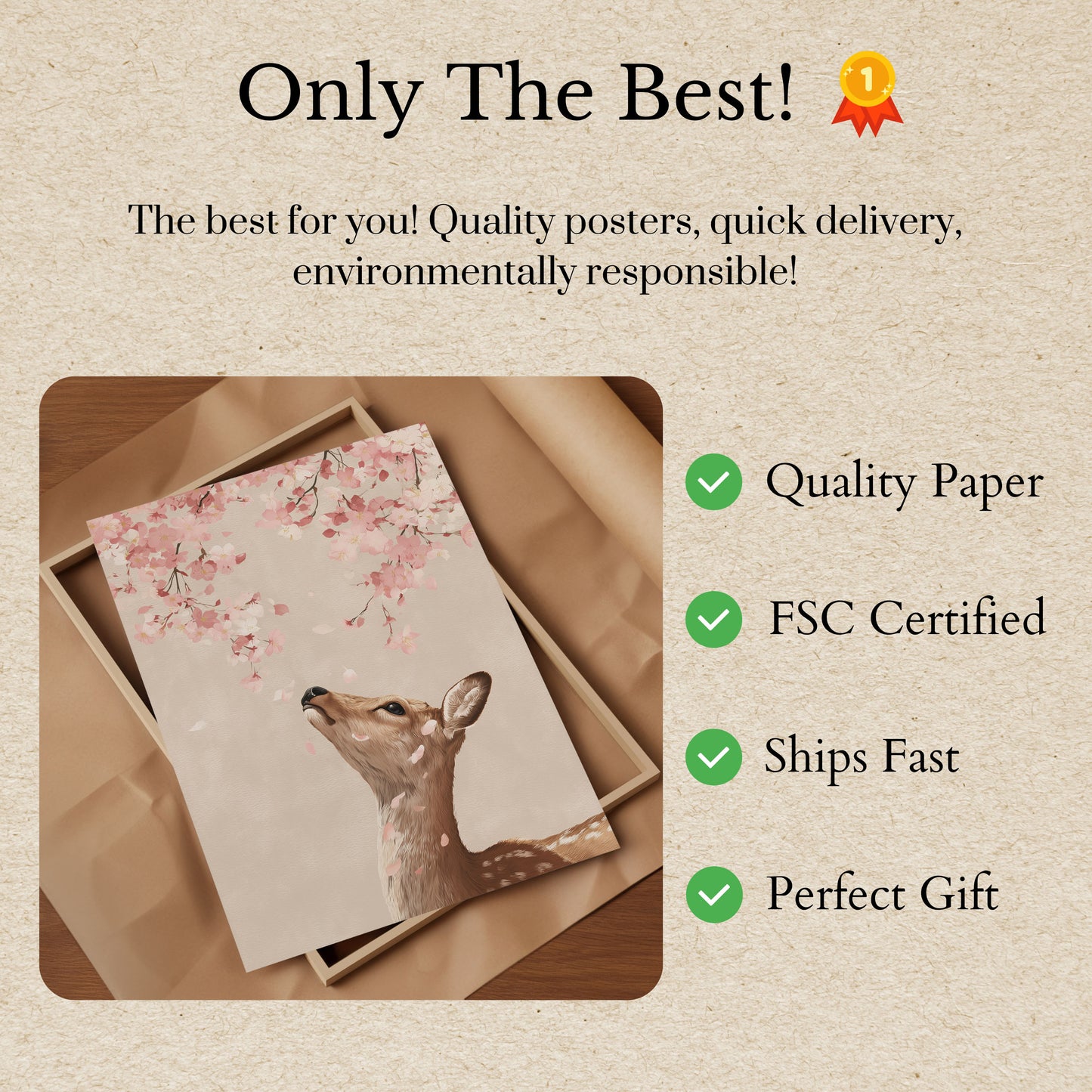 Deer Reaching for Cherry Blossoms Poster