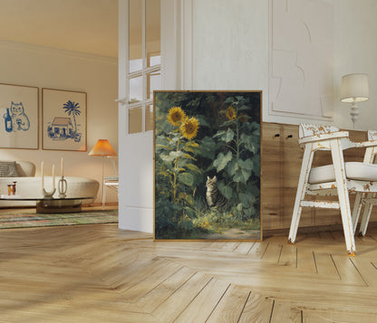 Kattunge Bland Solrosor Affisch