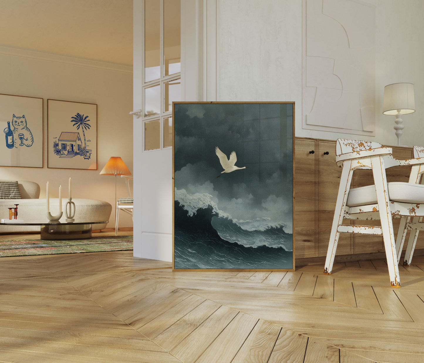 White Crane Above Stormy Waves Poster