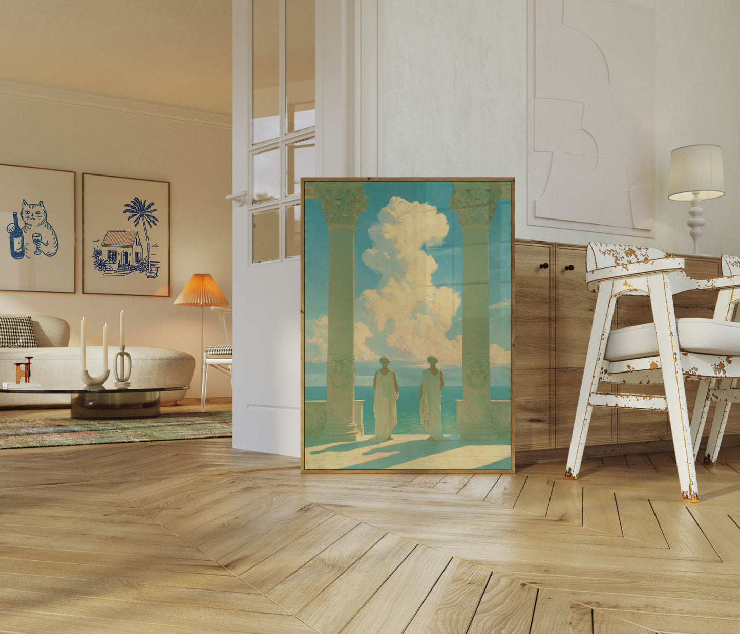 Classical Columns and Coastal Serenity Poster