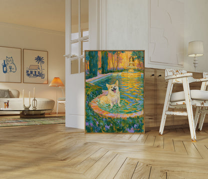 Affiche : Corgi heureux dans le jardin
