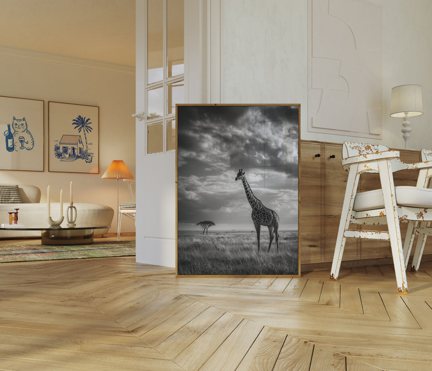 Póster de jirafa solitaria en la naturaleza