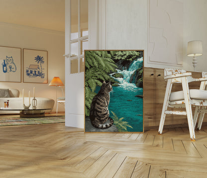 Tabby-kat ved vandfaldet plakat