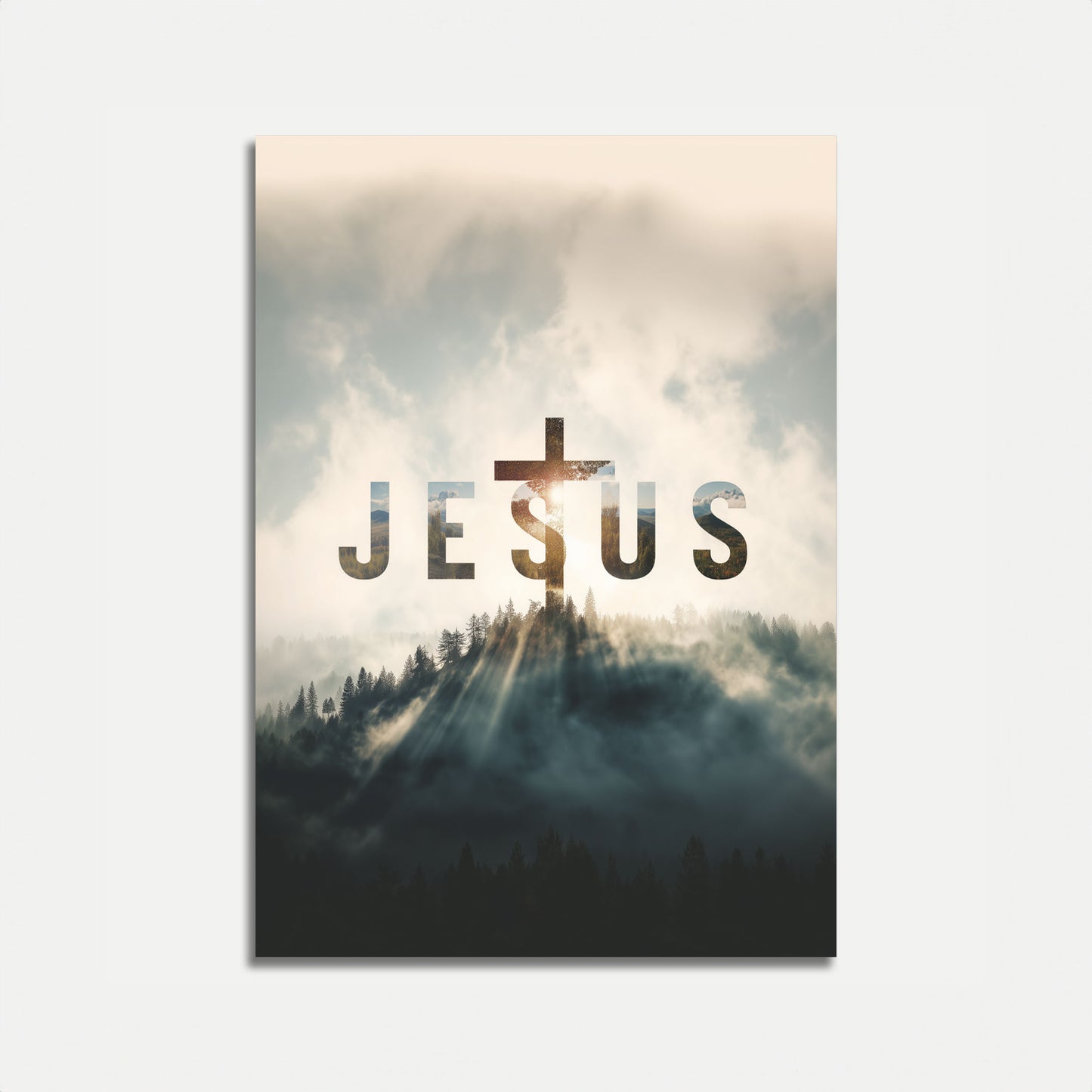 Divine Light in Misty Forest Poster