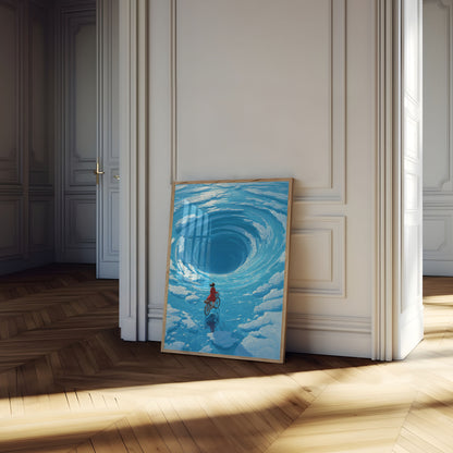 Pige på cykel under cyklonplakat