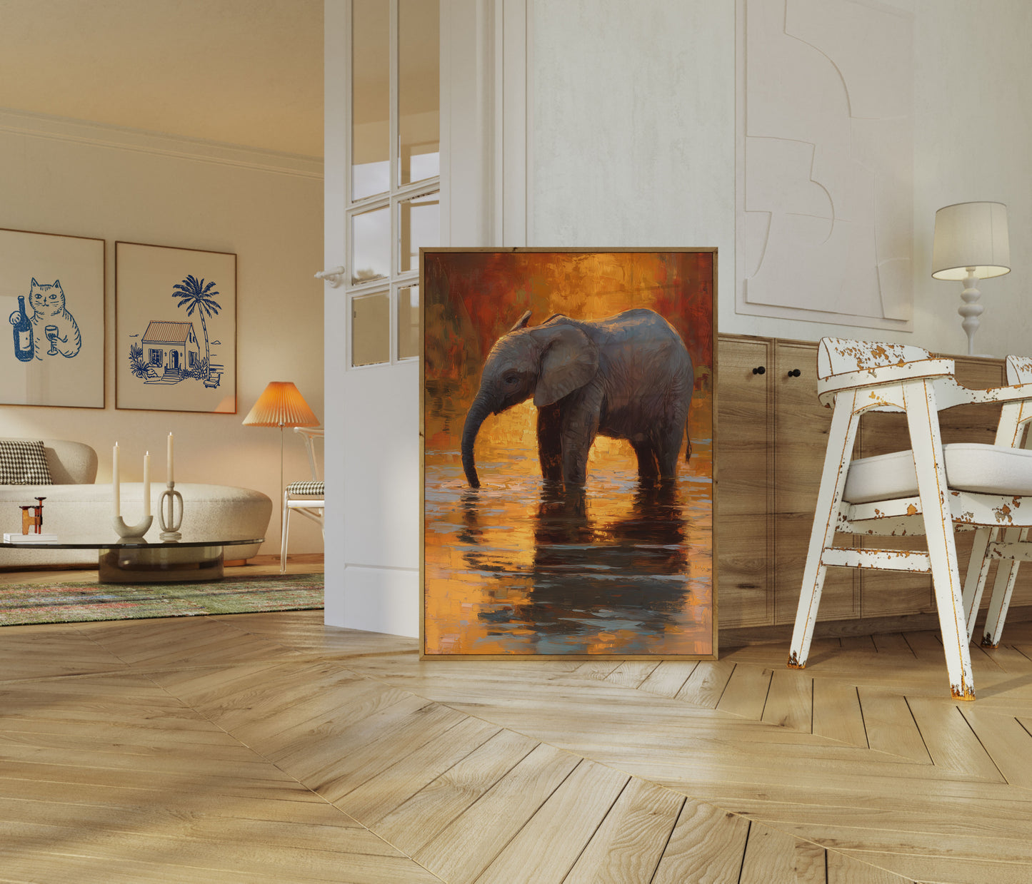 Affiche Éléphant se Baignant au Coucher du Soleil