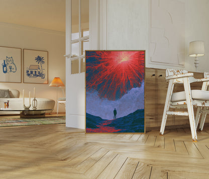 Osservatore solitario prima del poster del vulcano